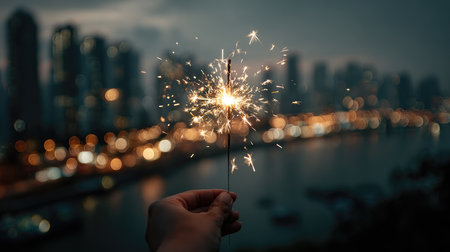 A vibrant sparkler held in a hand shines brightly against a blurred city skyline at dusk. The colorful bokeh creates a festive and joyful atmosphere, capturing the essence of celebration.の素材