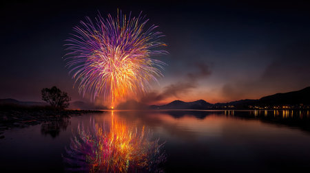 A stunning fireworks display illuminates the night sky, reflecting beautifully on a tranquil lake. This vibrant scene captures the essence of celebration and joy.の素材