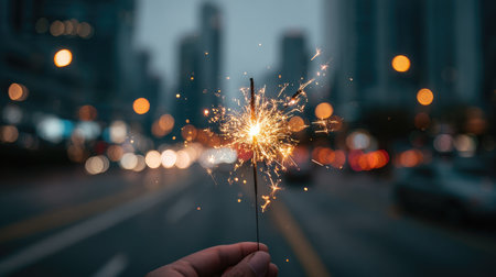 A hand holds a sparkling sparkler, illuminating the night in a bustling urban environment. City lights and blurred traffic create a vibrant celebratory mood.の素材
