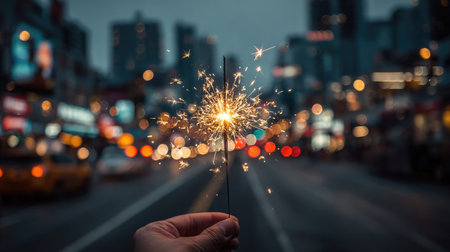 A hand holds a sparkler that radiates brilliant light against a vibrant urban nightscape. Colorful bokeh and twinkling city lights create a festive atmosphere, perfect for celebrations.の素材