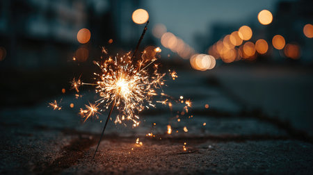 A vibrant sparkler stands on a stone pathway, emitting glowing sparks at twilight. Bokeh lights create a warm ambiance, perfect for celebrations or festive moments.の素材