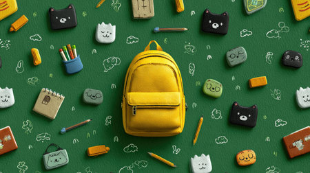 A vibrant yellow backpack takes center stage amidst an array of adorable stationery and erasers on a green backdrop, perfect for kidsの素材