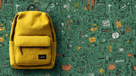 A vibrant yellow backpack rests against a lively illustrated background filled with playful designs, perfect for showcasing creativity and style in everyday life.の素材