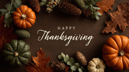 A visually striking autumn arrangement featuring pumpkins, colorful leaves, and pinecones, perfect for Thanksgiving. This warm and inviting setup embodies the spirit of gratitude and celebration against a rich brown background, ideal for seasonal dの素材