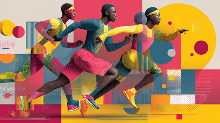 Vibrant abstract illustration featuring diverse athletes in motion, showcasing energy and determination in fitness and sports. Perfect for emphasizing action and vitality.の素材