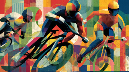 Abstract illustration capturing the thrill of cycling in vivid colors and geometric shapes, representing competition and movement in a dynamic environment.の素材