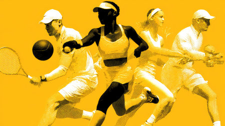 This vibrant image showcases a dynamic collage of tennis players in action against a bright yellow backdrop. It captures the essence of sportsmanship and athleticism.の素材