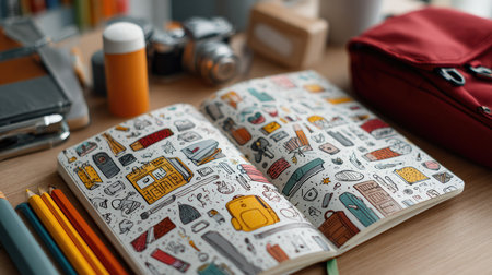 An inviting workspace featuring an open sketchbook filled with colorful illustrations, surrounded by art supplies and accessories that inspire creativity.の素材