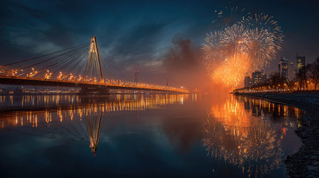 A stunning display of fireworks lights up the night sky over a modern bridge, casting vibrant reflections on calm water, celebrating a festive occasion.の素材