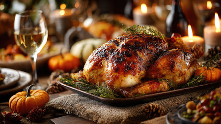 A beautifully roasted turkey takes center stage on a rustic table adorned with autumn decorations, candles, and a warm atmosphere, inviting family gatherings.の素材
