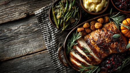 A perfectly roasted turkey adorned with cranberry sauce sits alongside vibrant green beans, creamy mashed potatoes, and flavorful stuffing on a rustic wooden table, perfect for festive celebrations.の素材