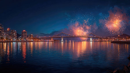 A breathtaking view of a city bridge illuminated by a spectacular fireworks display at night, enhancing the serene reflections on the water surface.の素材