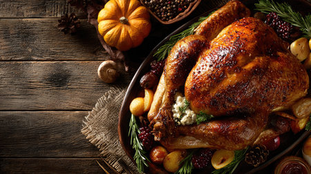 A beautifully roasted turkey centerpiece garnished with fresh herbs and accompanied by seasonal vegetables, perfect for holiday gatherings and feasts.の素材