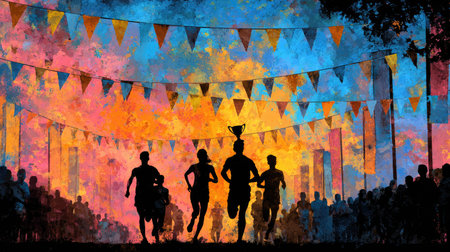 A lively silhouette scene showcasing runners sprinting towards triumph against a backdrop of colorful banners and an enthusiastic crowd celebrating the race.の素材