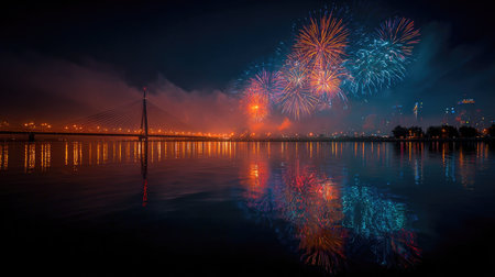 A captivating scene showcasing vibrant fireworks bursting over a city skyline, beautifully reflected in calm waters, creating a serene and festive atmosphere.の素材