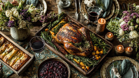 A beautifully arranged Thanksgiving table showcases a golden roast turkey surrounded by cranberry sauce, wine, festive flowers, and warm candles, evoking a cozy holiday atmosphere.の素材