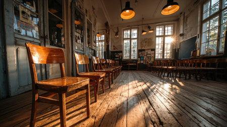 This serene image captures a historic classroom filled with warm sunlight streaming through large windows, highlighting wooden chairs and rustic decor.の素材