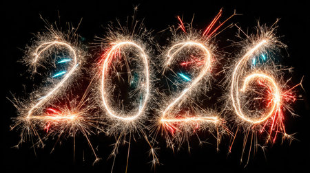 Create a vibrant atmosphere for your New Year's celebration with this stunning image of the number 2026, crafted from sparklers against a dark sky.の素材