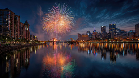 A breathtaking view of a vibrant firework display illuminating the night sky over a city skyline, beautifully reflected on the water below.の素材