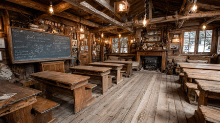 Charming rustic classroom featuring wooden tables and a large chalkboard, bathed in warm light, set in a cozy mountain lodge. Ideal for education.の素材