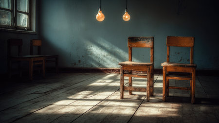 This stunning image captures two rustic wooden chairs in an empty room, illuminated by soft natural light. Warm hanging bulbs add a cozy ambiance, creating an artistic interplay of light and shadows on the weathered floor.の素材