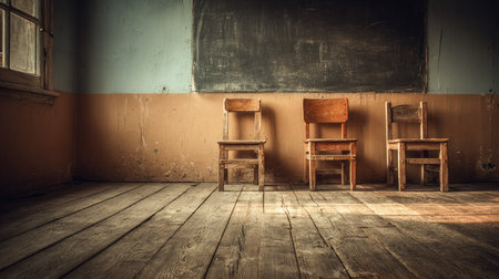 An evocative image of an abandoned classroom featuring three wooden chairs and a dusty chalkboard, casting shadows in a dimly lit space.の素材