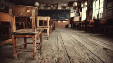 A captivating view of an abandoned classroom showcasing wooden chairs and dusty floorboards, evoking nostalgia and memories of education in a vintage setting.の素材