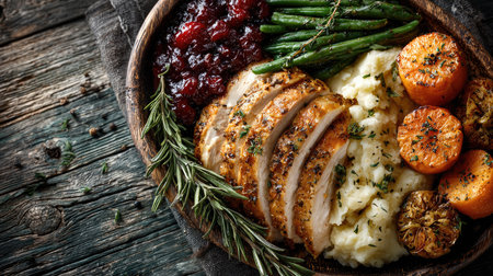 A beautifully arranged plate featuring succulent roast chicken, seasoned green beans, creamy mashed potatoes, sweet cranberry sauce, and glazed carrots.の素材