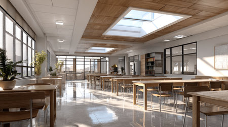 A spacious modern classroom featuring large windows and skylights, creating a bright environment suitable for learning and collaboration.の素材