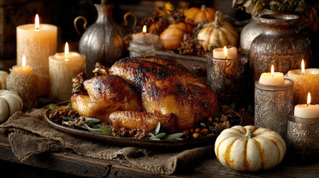 A beautifully arranged Thanksgiving feast featuring a succulent roast turkey surrounded by glowing candles, pumpkins, and rustic decor, creating a warm ambiance.の素材