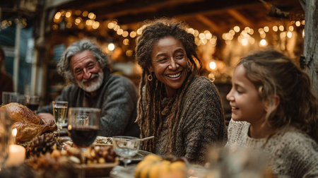 A heartwarming family gathering at a rustic dinner table filled with joy and laughter, highlighted by warm lighting and festive decorations, creating lasting memories.の素材