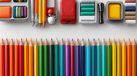 A vibrant display of assorted art supplies featuring colored pencils, paint, brushes, and various tools arranged neatly for artistic inspiration.の素材