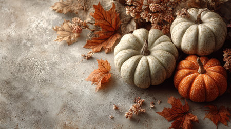 This beautiful autumnal still life features a vibrant arrangement of white and orange pumpkins surrounded by colorful fall leaves. Perfect for seasonal themes.の素材