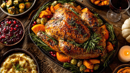 A sumptuous Thanksgiving feast featuring a beautifully roasted turkey, surrounded by seasonal vegetables, cranberry sauce, and aromatic garnishes. Ideal for festive celebrations.の素材