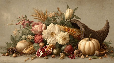 An elegant autumn harvest arrangement featuring a cornucopia filled with vibrant flowers and seasonal vegetables, perfect for festive decor.の素材
