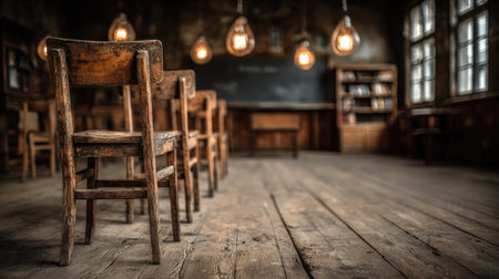 A stunning vintage classroom scene showcasing rustic wooden chairs and warm pendant lights, creating an inviting and nostalgic educational environment.の素材