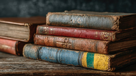 This photograph showcases a collection of aged leather-bound books stacked elegantly on a rustic wooden table, set against a dark background.の素材