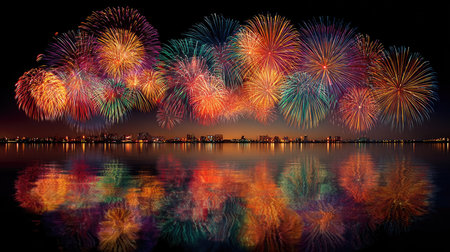 A breathtaking fireworks display illuminates the night sky above a tranquil body of water, creating stunning reflections against a city skyline.の素材