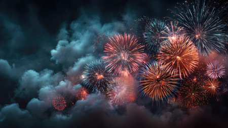 A stunning display of colorful fireworks bursts against a dark sky filled with clouds, creating a festive atmosphere perfect for celebrations and events.の素材