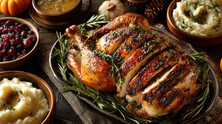 A sumptuous roasted chicken, beautifully sliced and garnished with aromatic herbs, accompanied by creamy mashed potatoes and tangy cranberry sauce, perfect for festive gatherings.の素材