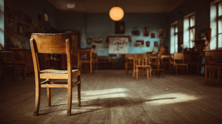 This image captures a serene, abandoned classroom featuring a lone wooden chair, bathed in warm natural light. The atmosphere evokes nostalgia and tranquility.の素材