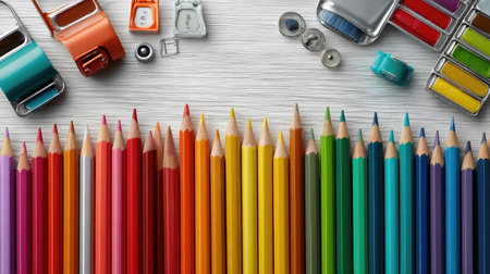 This image depicts a vibrant collection of art supplies featuring an array of colored pencils and paint options, arranged neatly on a textured wooden surface. Perfect for illustrating creativity and artistic endeavors.の素材