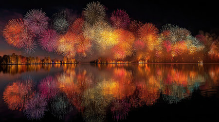 A breathtaking fireworks display lights up the night sky above a tranquil body of water, creating a stunning reflection of colors on the surface.の素材