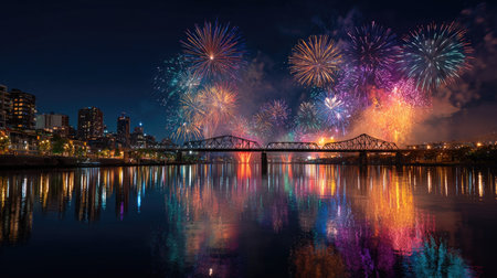 A stunning nighttime scene featuring a vibrant fireworks display over calm water with a city skyline in the background, reflecting colorful lights.の素材