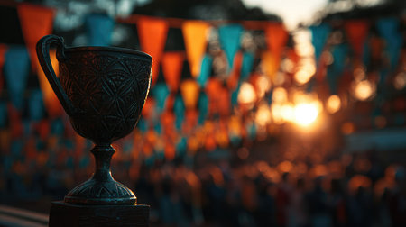 A vintage trophy stands prominently in the foreground with vibrant flags and a glowing sunset in the background, celebrating achievement and joy at an outdoor event.の素材