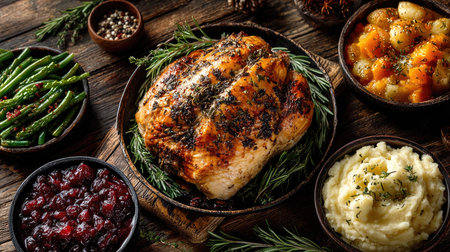 Experience a cozy Thanksgiving feast featuring a beautifully roasted turkey, fresh vegetables, creamy mashed potatoes, and homemade cranberry sauce, perfect for gatherings.の素材