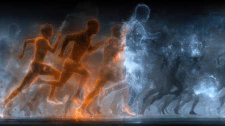 This stunning digital artwork captures the essence of human motion through vibrant silhouettes of runners, showcasing energy and speed with neon glow effects.の素材