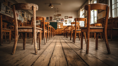 A serene and empty classroom featuring wooden chairs arranged in neat rows, showcasing the rustic charm of vintage school interiors and warm sunlight.の素材