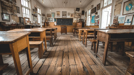 Explore a vintage classroom setting filled with wooden desks, a chalkboard, and historical artifacts, offering a nostalgic glimpse into traditional education.の素材