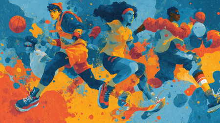 This vibrant illustration captures the essence of youth sports, showcasing dynamic movement in basketball and skateboarding against a colorful backdrop.の素材